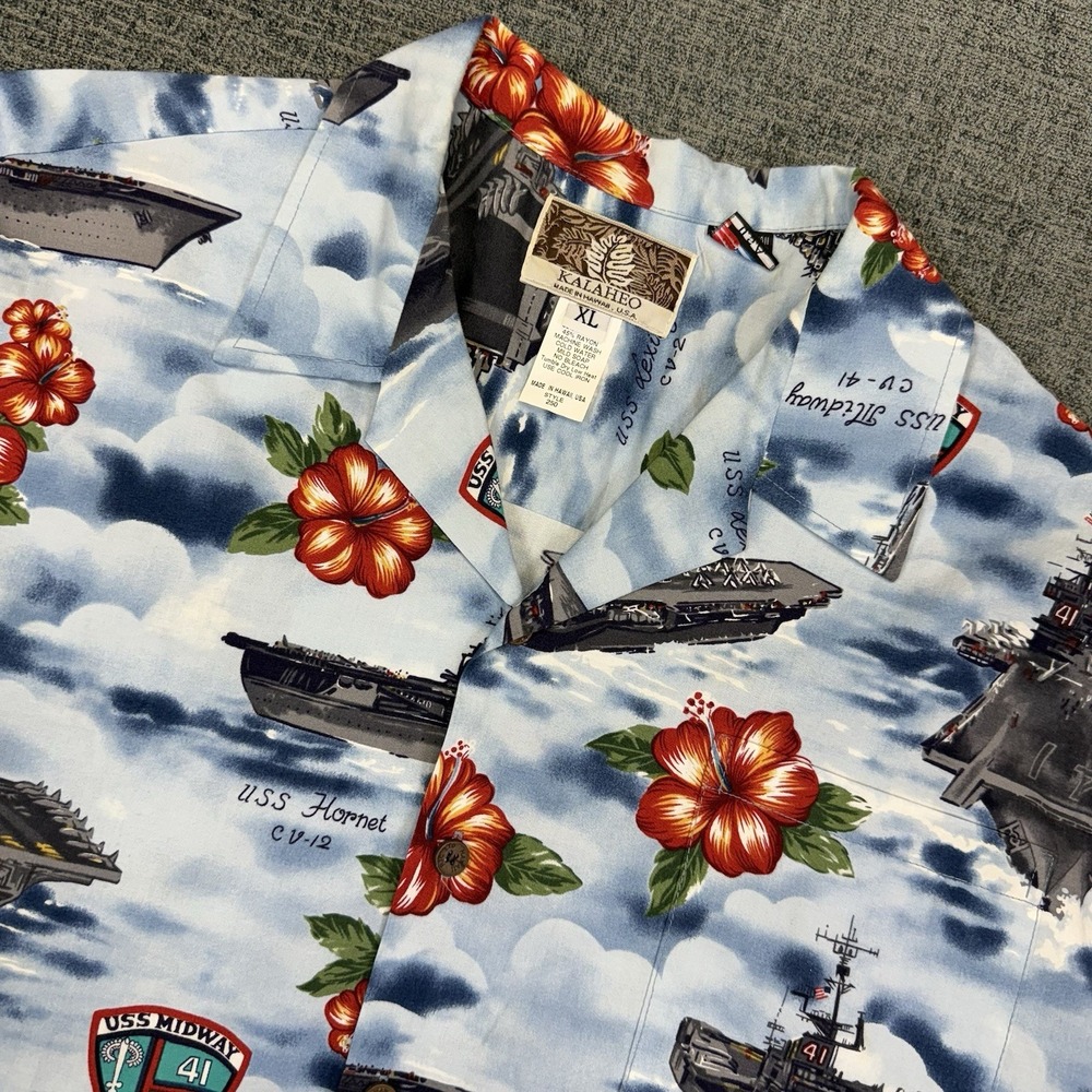 KALAHEO Shirt Men's XL U.S. Navy‎ Aircraft Carriers Military Print Hawaiian